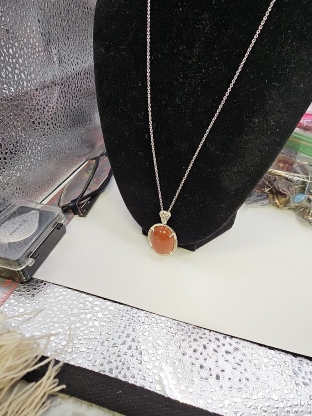Necklace SunStone Pendant Rolo Link Lobster Clasp Sterling Silver 18 Inch...